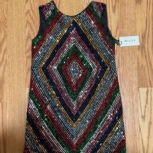 Milly Geometric Sequin Blouse in Red, Green, Gold, and Black